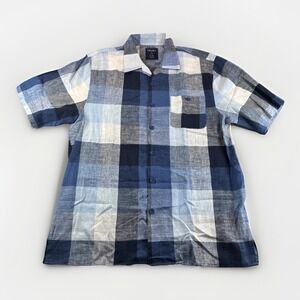 Trust Linen Blend Shirt Mens XL Plaid Blue Short Sleeve Button Up Coastal Preppy